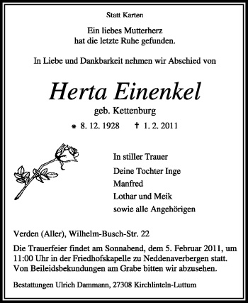 Traueranzeige von Herta Einenkel von KREISZEITUNG SYKE