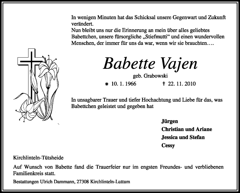  Traueranzeige für Babette Vajen vom 27.11.2010 aus KREISZEITUNG SYKE