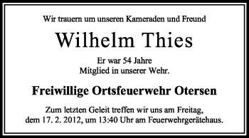 Traueranzeige von Wilhelm Thies von KREISZEITUNG SYKE