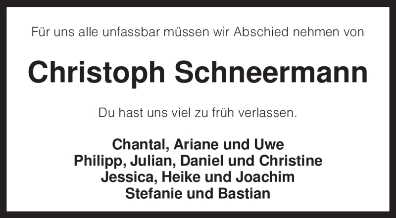  Traueranzeige für Christoph Schneermann vom 05.08.2009 aus KREISZEITUNG SYKE