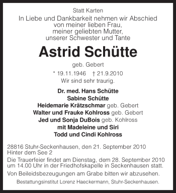 Traueranzeige von Astrid Schütte von KREISZEITUNG SYKE