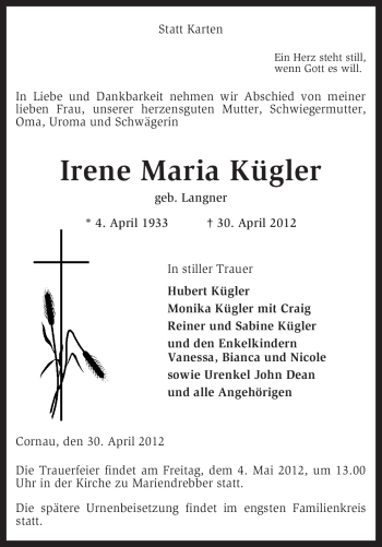 Traueranzeige von Irene Maria Kügler von KREISZEITUNG SYKE