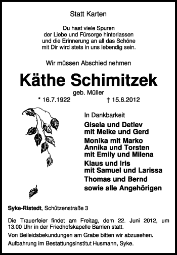 Traueranzeige von Käthe Schimitzek von KREISZEITUNG SYKE