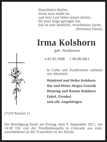 Traueranzeige von Irma Kolshorn von KREISZEITUNG SYKE