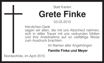 Traueranzeige von Grete Finke von KREISZEITUNG SYKE