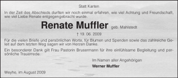 Traueranzeige von Renate Muffler von KREISZEITUNG SYKE