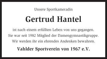 Traueranzeige von Gertrud Hantel von KREISZEITUNG SYKE