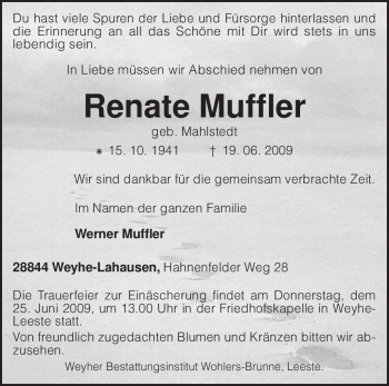 Traueranzeige von Renate Muffler von KREISZEITUNG SYKE