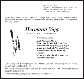 Traueranzeige von Hermann Vagt von KREISZEITUNG SYKE