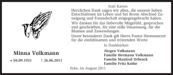 Traueranzeige von Minna Volkmann von KREISZEITUNG SYKE