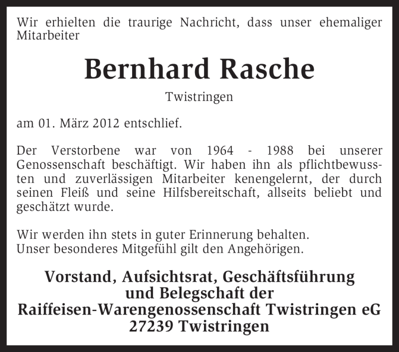  Traueranzeige für Bernhard Rasche vom 06.03.2012 aus KREISZEITUNG SYKE