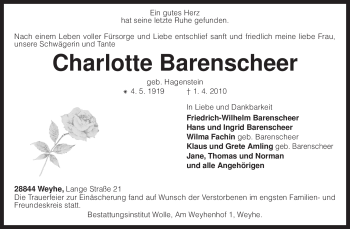 Traueranzeige von Charlotte Barenscheer von KREISZEITUNG SYKE