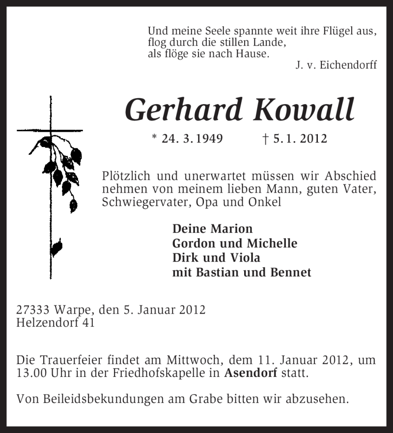  Traueranzeige für Gerhard Kowall vom 09.01.2012 aus KREISZEITUNG SYKE
