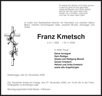 Traueranzeige von Franz Kmetsch von KREISZEITUNG SYKE