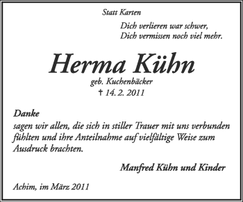 Traueranzeige von Herma Kühn von KREISZEITUNG SYKE