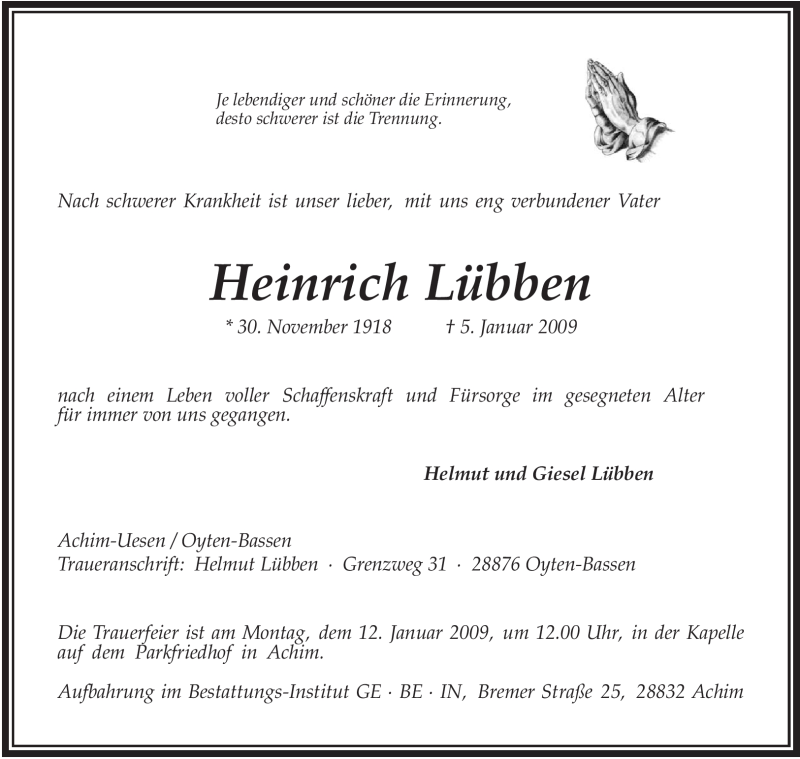  Traueranzeige für Heinrich Lübben vom 08.01.2009 aus KREISZEITUNG SYKE