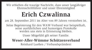 Traueranzeige von Erich Czwalinna von KREISZEITUNG SYKE