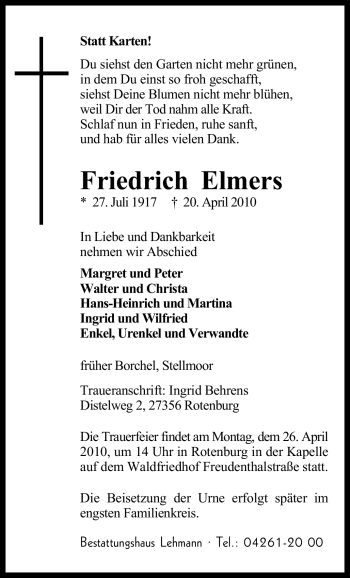 Traueranzeige von Friedrich Elmers von KREISZEITUNG SYKE