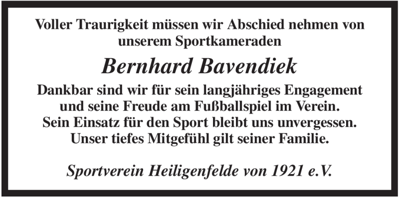  Traueranzeige für Bernhard Bavendiek vom 24.01.2009 aus KREISZEITUNG SYKE