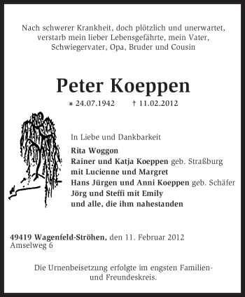 Traueranzeige von Peter Koeppen von KREISZEITUNG SYKE