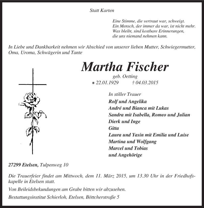  Traueranzeige für Martha Fischer vom 07.03.2015 aus KRZ