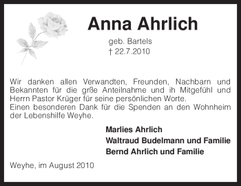 Traueranzeige von Anna Ahrlich von KREISZEITUNG SYKE