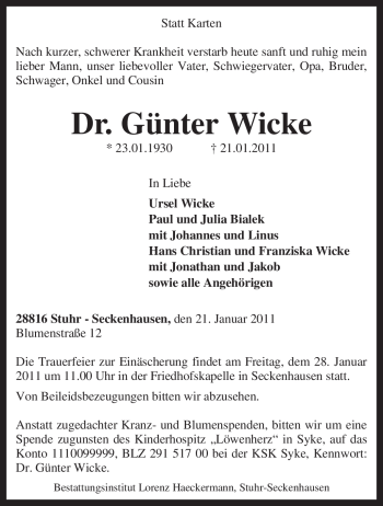 Traueranzeige von Günter Wicke von KREISZEITUNG SYKE