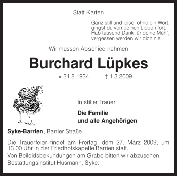 Traueranzeige von Burchard Lüpkes von KREISZEITUNG SYKE