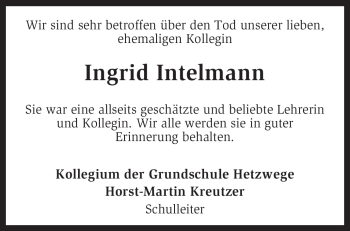 Traueranzeige von Ingrid Intelmann von KREISZEITUNG SYKE