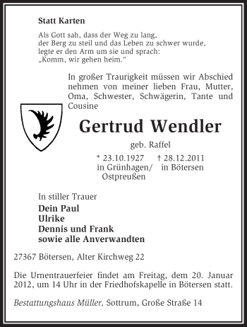 Traueranzeige von Gertrud Wendler von KREISZEITUNG SYKE