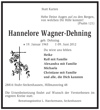 Traueranzeige von Hannelore Wagner-Dehning von KREISZEITUNG SYKE