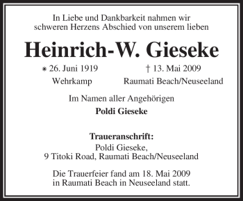 Traueranzeige von Heinrich-W. Gieseke von KREISZEITUNG SYKE