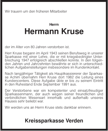 Traueranzeige von Hermann Kruse von KREISZEITUNG SYKE