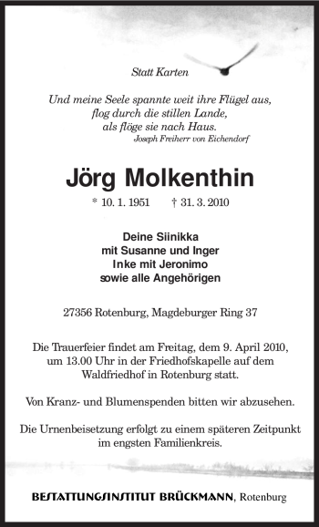 Traueranzeige von Jörg Molkenthin von KREISZEITUNG SYKE