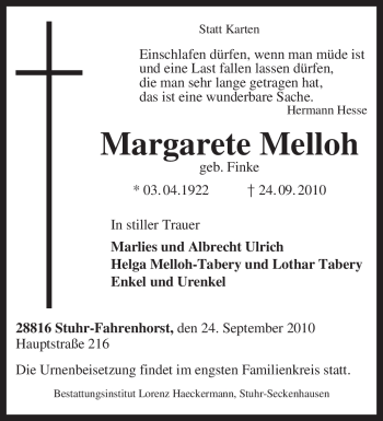 Traueranzeige von Margarete Melloh von KREISZEITUNG SYKE