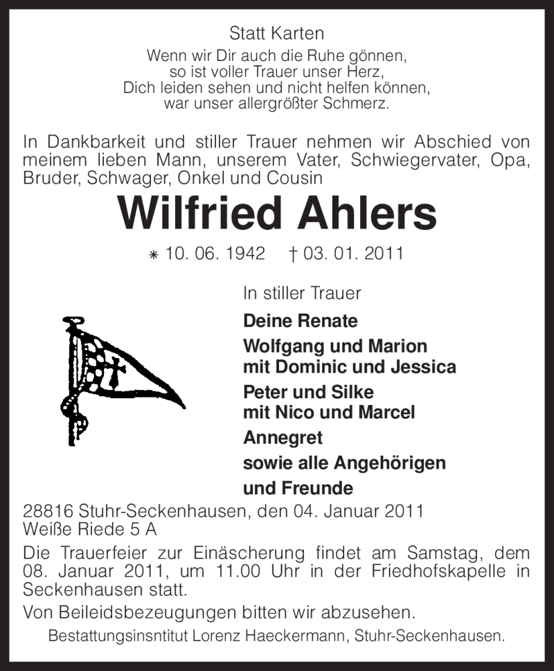  Traueranzeige für Wilfried Ahlers vom 05.01.2011 aus KREISZEITUNG SYKE