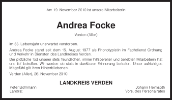 Traueranzeige von Andrea Focke von KREISZEITUNG SYKE