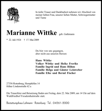 Traueranzeige von Marianne Wittke von KREISZEITUNG SYKE