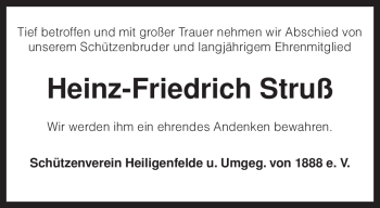 Traueranzeige von Heinz-Friedrich Struß von KREISZEITUNG SYKE