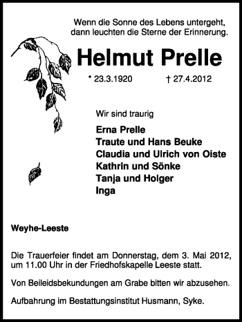 Traueranzeige von Helmut Prelle von KREISZEITUNG SYKE