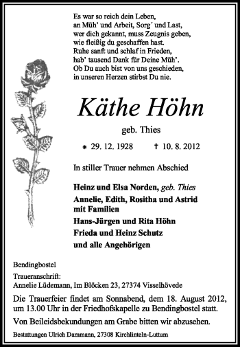 Traueranzeige von Käthe Höhn von KREISZEITUNG SYKE