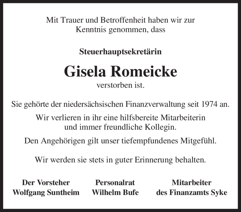  Traueranzeige für Gisela Romeicke vom 16.07.2009 aus KREISZEITUNG SYKE