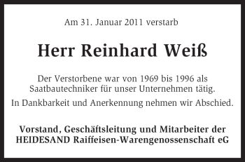 Traueranzeige von Reinhard Weiß von KREISZEITUNG SYKE