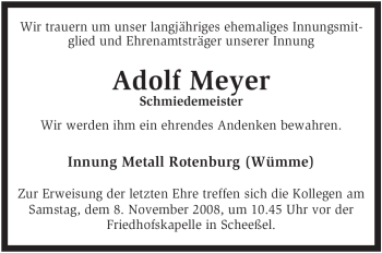 Traueranzeige von Adolf Meyer von KREISZEITUNG SYKE