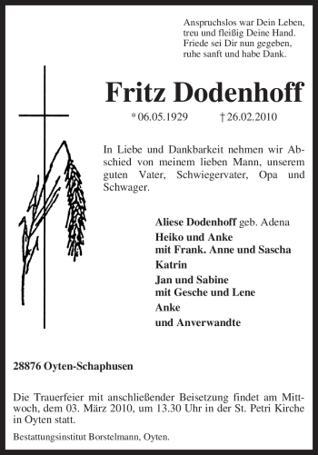 Traueranzeige von Fritz Dodenhoff von KREISZEITUNG SYKE