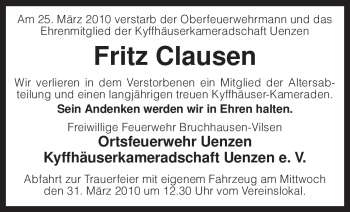 Traueranzeige von Fritz Clausen von KREISZEITUNG SYKE