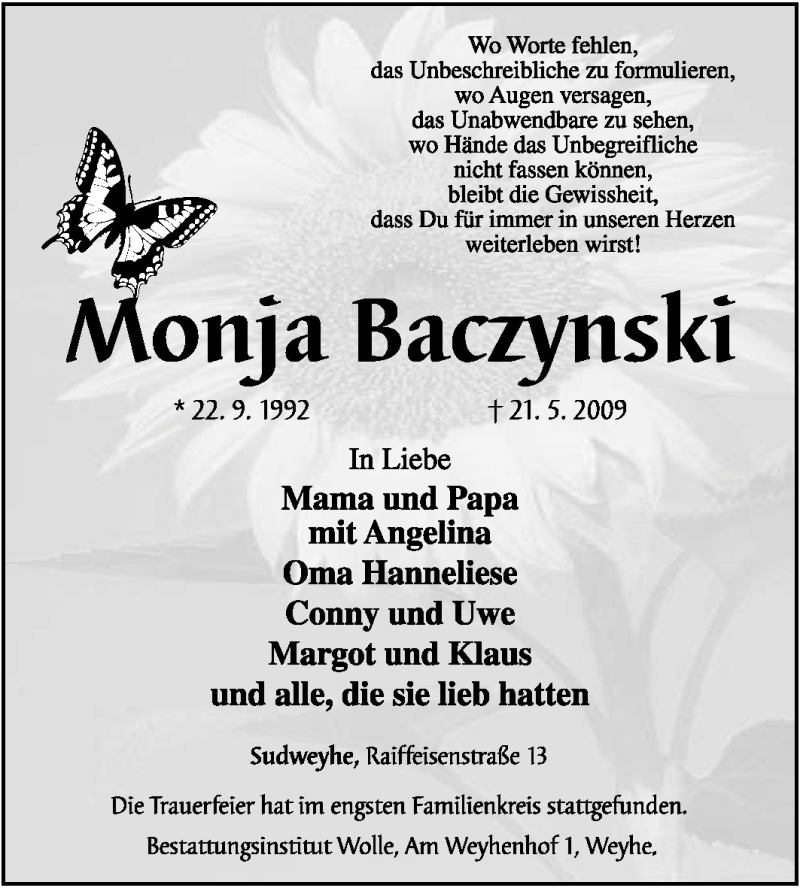  Traueranzeige für Monja Baczynski vom 27.05.2009 aus KREISZEITUNG SYKE