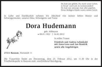 Traueranzeige von Dora Hudemann von KREISZEITUNG SYKE