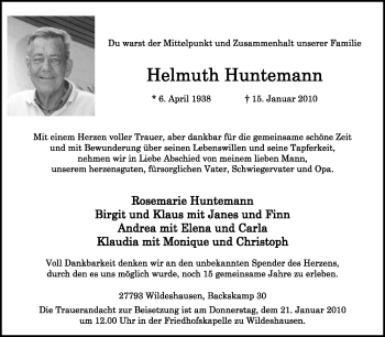 Traueranzeige von Helmut Huntemann von KREISZEITUNG SYKE