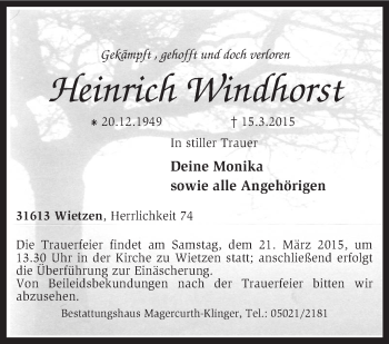 Traueranzeige von Heinrich Windhorst von KRZ